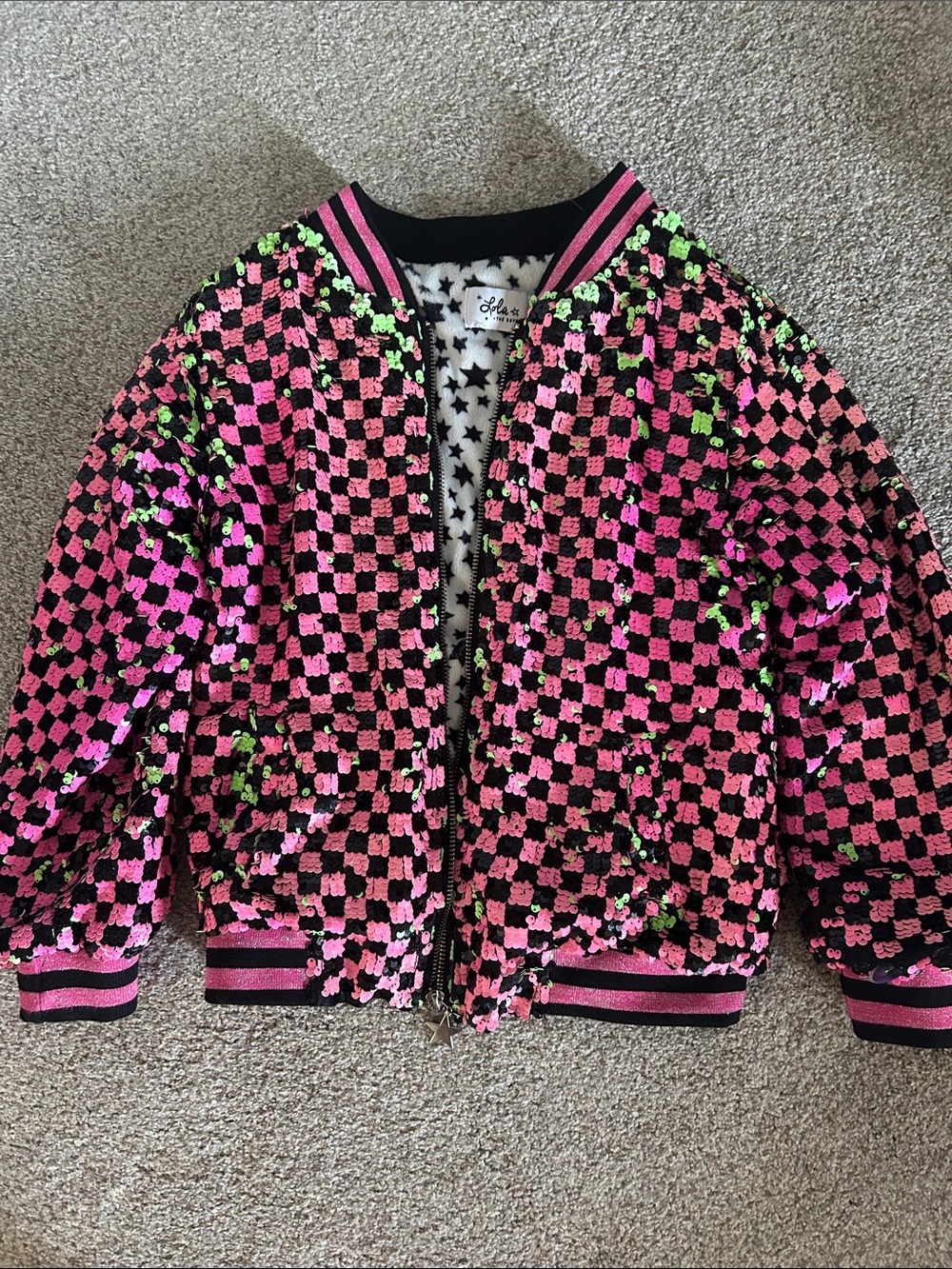 Lola + The Boys Pink & Black Sequin Check Bomber Jacket with Green Accents